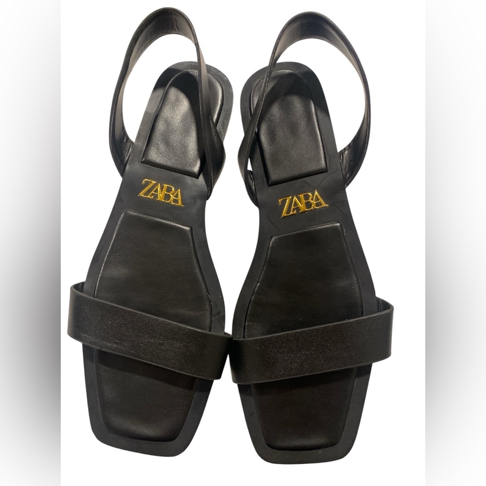 ZARA Black Leather Flat Sandals Size 38 Square Toe Minimalist Slingback - Picture 1 of 5